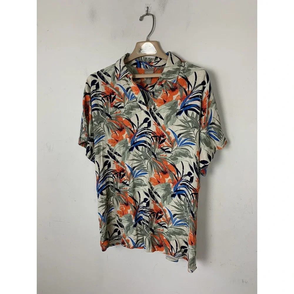 Chicos Womens Shirt 2 Large Tropical Linen Hawaiian Travel Vacation Resort Beach